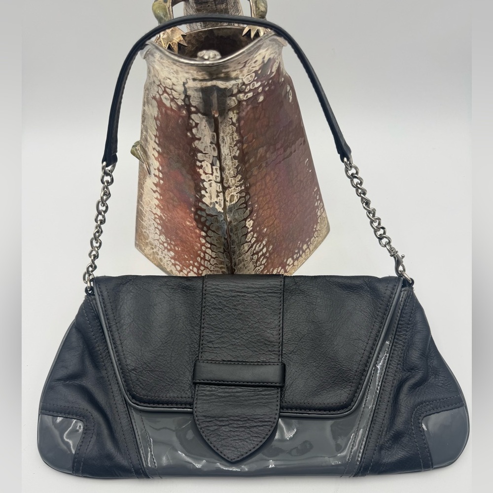 Bebe black leather and patent leather shoulder bag